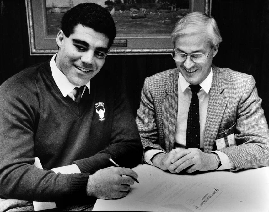 John McIntyre (left) pictured with a young Mal Meninga (right). Photo: The Canberra Times.