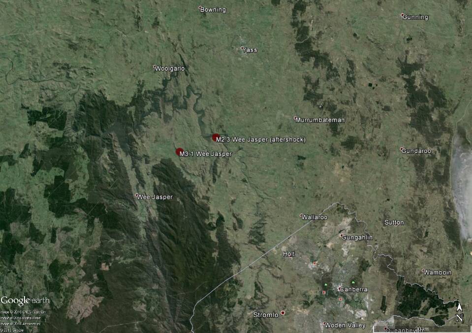 The earthquake and it's epicentre near Wee Jasper. Photo: Geoscience Australia.