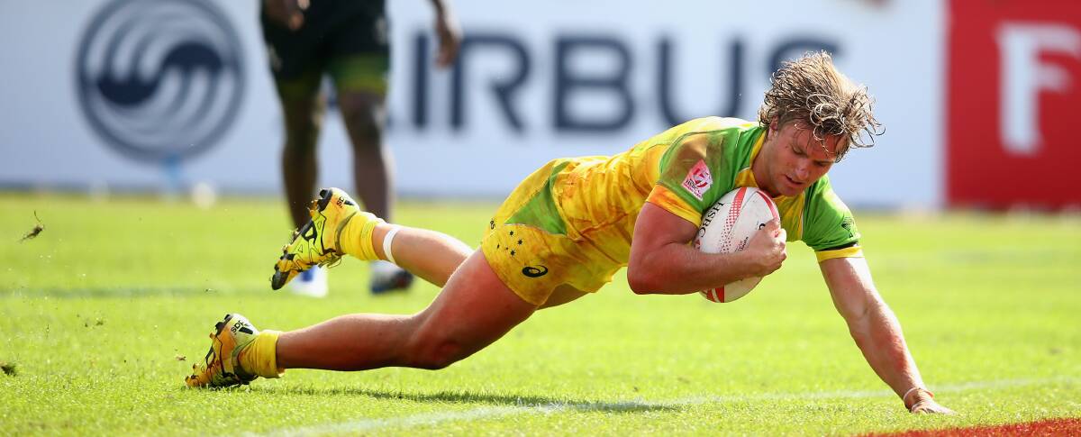 Lewis Holland playing in Dubai as part of the Emirates Dubai Rugby Sevens - HSBC World Rugby Sevens Series in December. Photo: Francois Nel/Getty Images. 