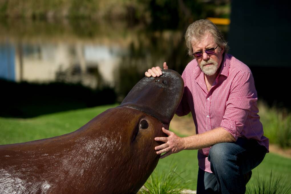Artist Neil Dickinson on the banks of the Queanbeyan River, with the city's latest public artwork 'Queany' the platypus. Photo: Jay Cronan.