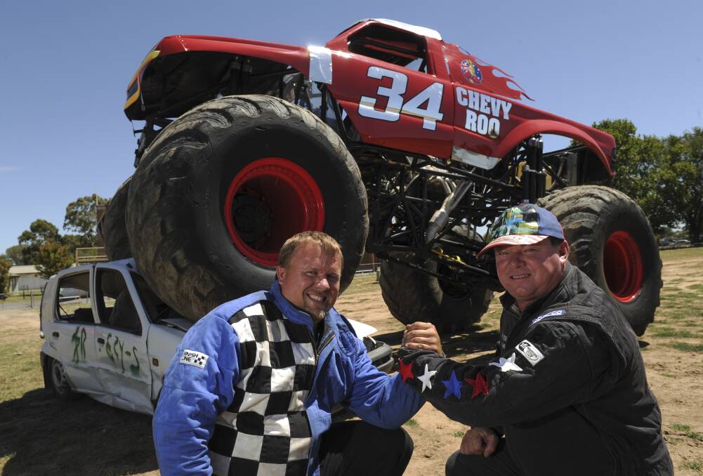 Monster truck drivers Jeremy Brady and Troy Garcia are set to light up the Queanbeyan Showground with jam-packed automotive action. Photo: Graham Tidy. 