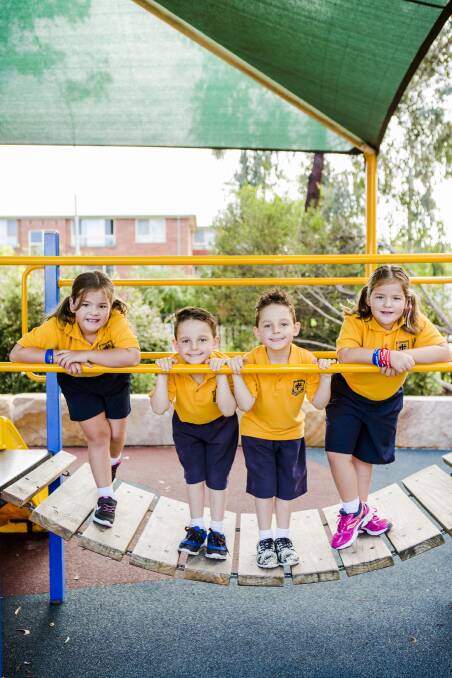 St Gregory's Primary School has two sets of twins in year one. From left, Sienna Hamlin, Raffaelle Gagliardi, Gianpierro Gagliardi, and Phoenix Hamlin. Photo: Jamila Toderas