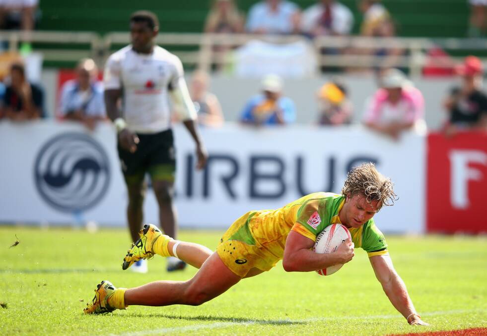 Lewis Holland starring for the Australian Rugby 7s side in Dubai earlier this month. Photo: Supplied.