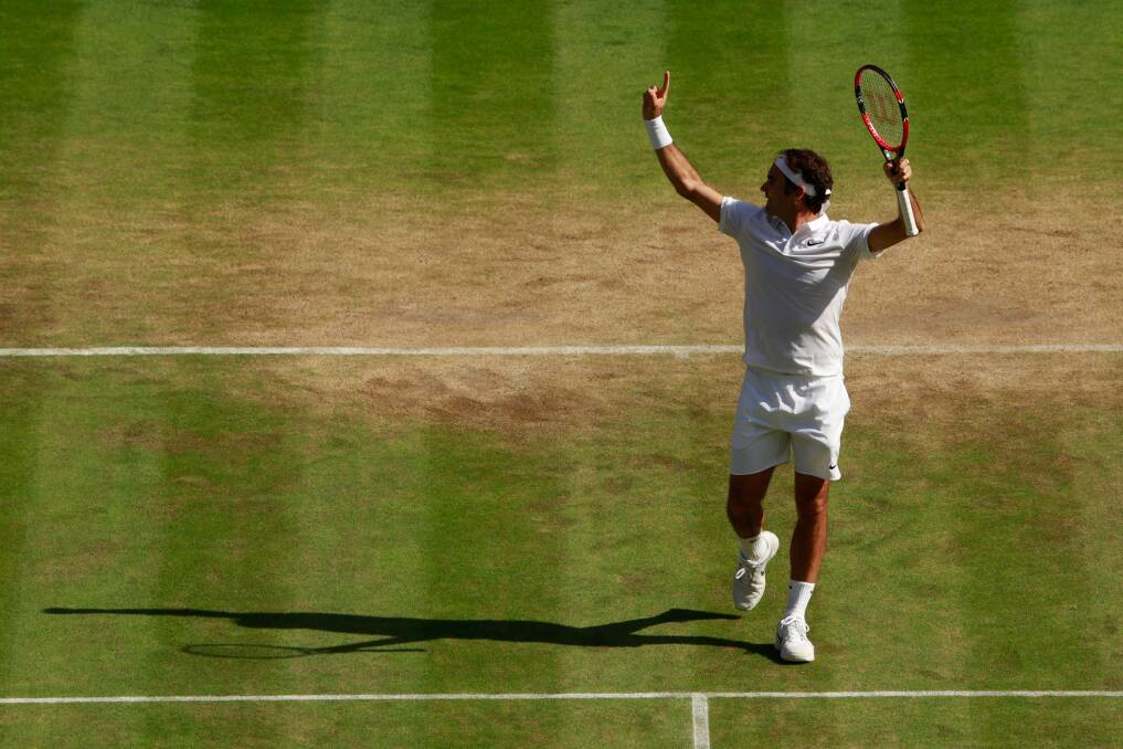 Roger Federer celebrates his quarter final Wimbledon victory against Croatian Marin Cilic. Photo: Adam Pretty/Getty Images.
