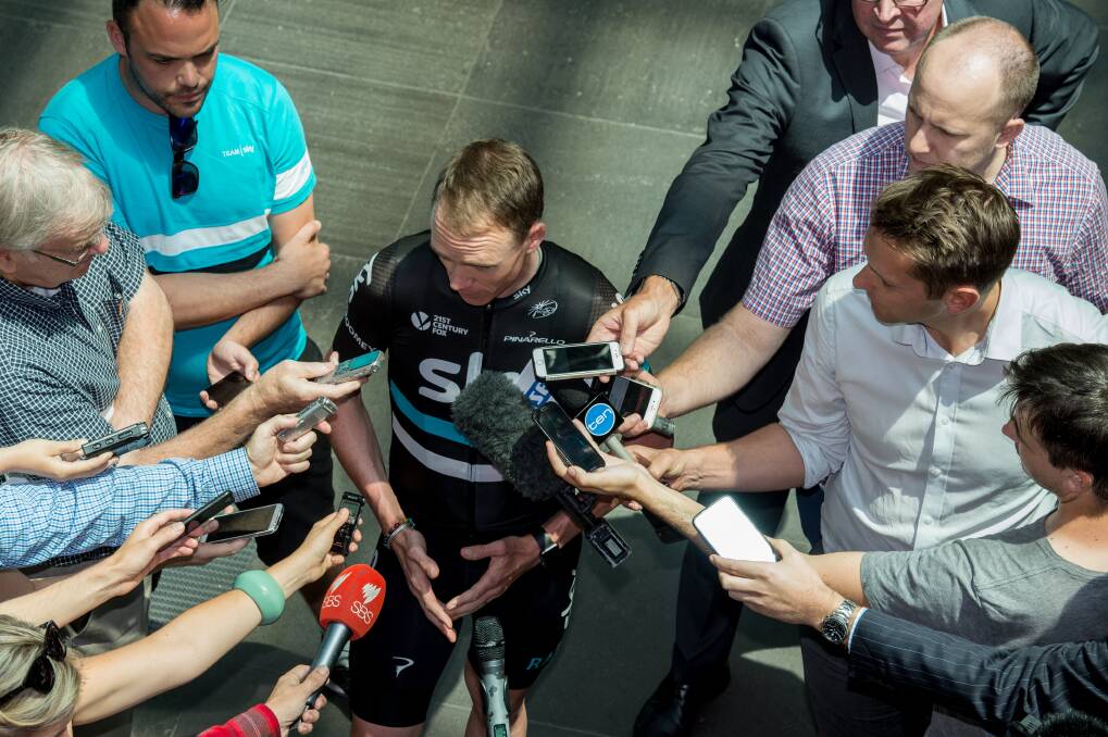 Tour de France 2015 victor Chris Froome speaks with reporters. Photo: Penny Stephens.