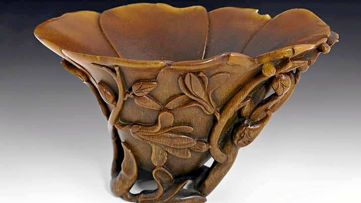 The 'Magnolia and Prunus' libation cup. Made from rhino horn it was bought in an op shop for $4. Photo: Sotheby's