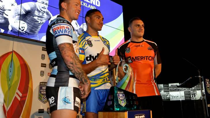 Todd Carney, Willie Tonga and Robbie Farah in their playing strips  for the inaugural Auckland Nines tournament. Photo: Dallas Kilponen
