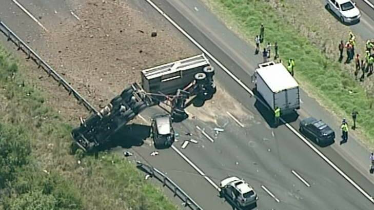 An aerial view of the fatal crash on the Hume Highway. Photo: Channel Nine
