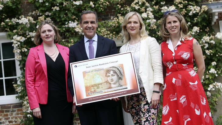 On display: from left to right, Mary Macleod, a Conservative MP, Mark Carney, governor of the Bank of England, Stella Creasy, a Labour MP, and Caroline Criado-Perez with  the concept design for the  banknote featuring author Jane Austen at the Jane Austen House Museum in Chawton. Photo: Chris Ratcliffe