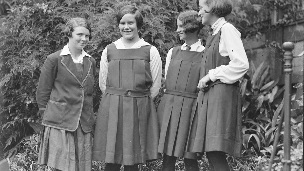 Swimmer Jean Cocks in her school uniform with three other girls on her birthday, New South Wales, ca. 1929 [picture]. | Fairfax Archives