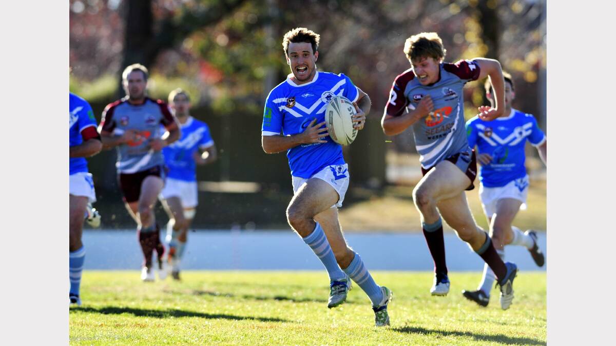 Queanbeyan Blues five-eighth Marc Herbert in action against the Queanbeyan Kangaroos at Seiffert Oval on Saturday. Photo: Jay Cronan, Canberra Times