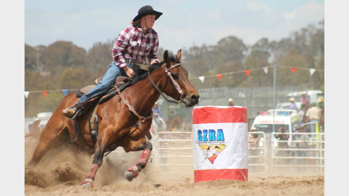 Hayley Hill in the Ladies Barrel ride. Photos: Andrew Johnston, Queanbeyan Age