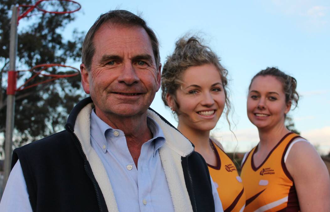 Mayor Tim Overall and Queanbeyan State League representatives Lara Bowyer and Amy Morschel will be among those taking to the court in Saturday's celebrity charity netball match. Photo: Andrew Johnston, Queanbeyan Age