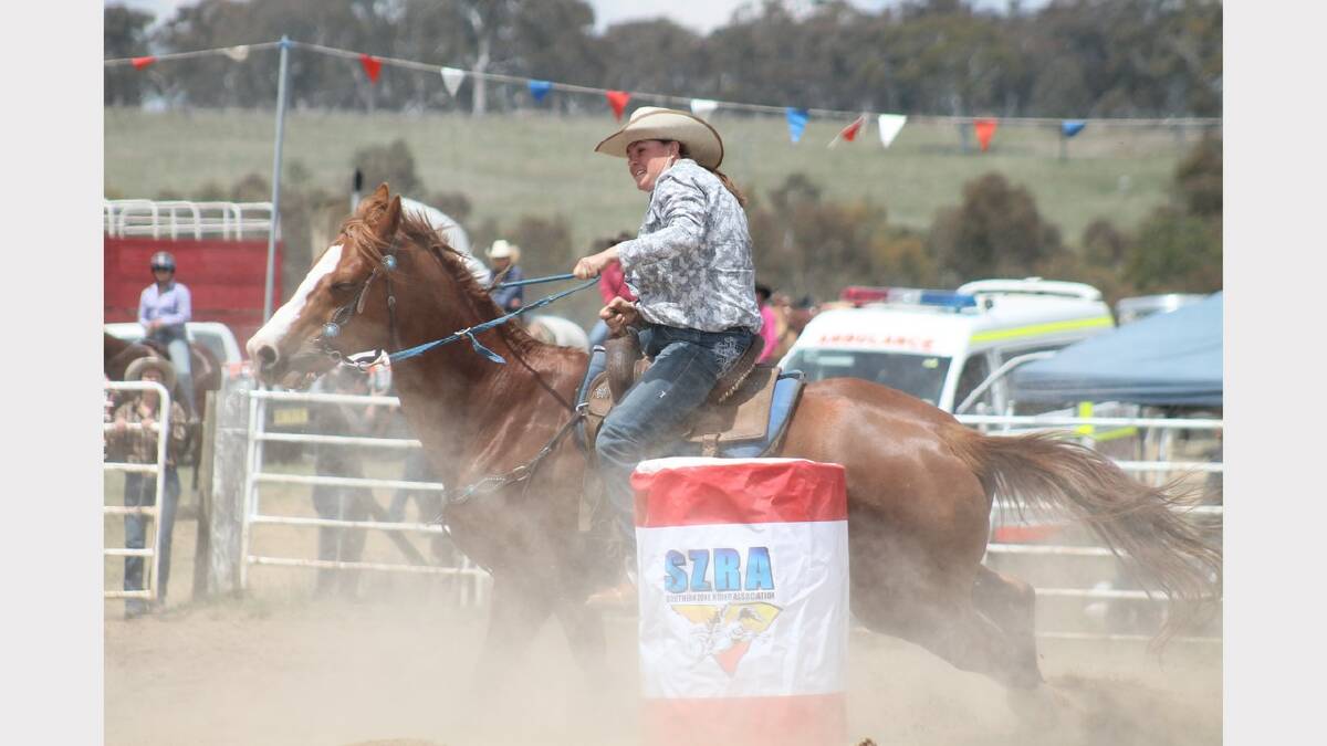 Dee Crawford in the Ladies Barrel ride. Photos: Andrew Johnston, Queanbeyan Age