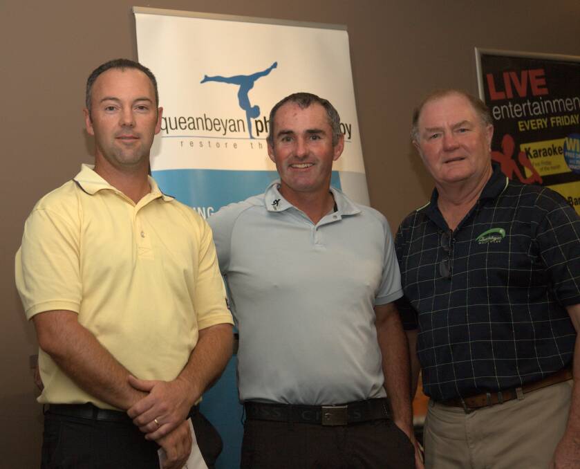 Joint Queanbeyan Pro Am winners Larry Austin and Canberra's Matt Millar with Queanbeyan Golf Club president Wal Harrison. Photo: supplied