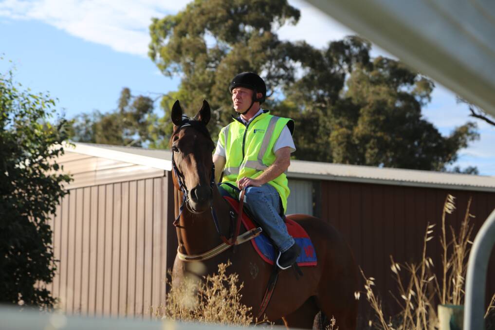 The Mike Petrovic trained Laurie's Love, pictured here with trackwork rider Heath Parker, will run in the $200,000 Canberra Cup on Sunday. Photo: Andrew Johnston