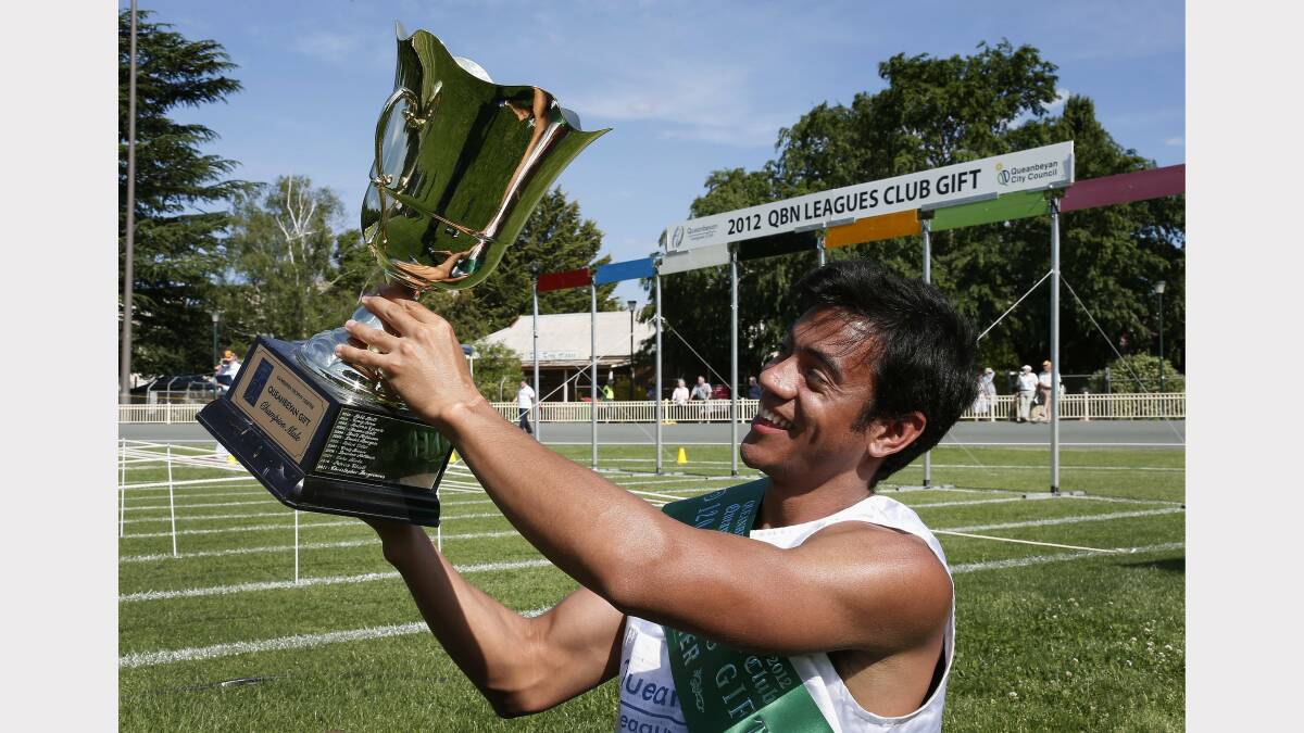 Collaroy sprinter Dean Scarff celebrates his victory in last Saturday's Queanbeyan Gift. Photo: Jeffrey Chan, Canberra Times