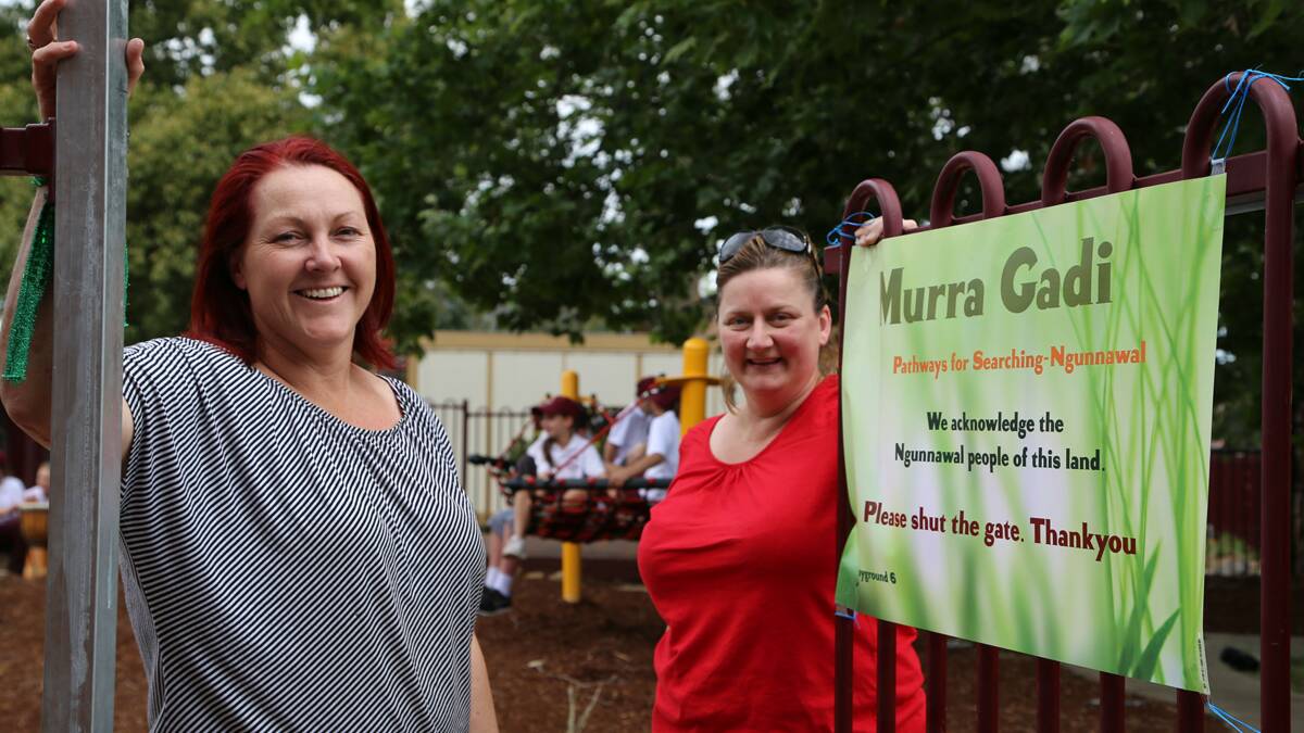 Queanbeyan Public School special education staff Jane Reeve and Carolyn Watt in the school's new "all-inclusive" garden that caters for mainstream students as well as those with disabilities. Photo: Kim Pham.