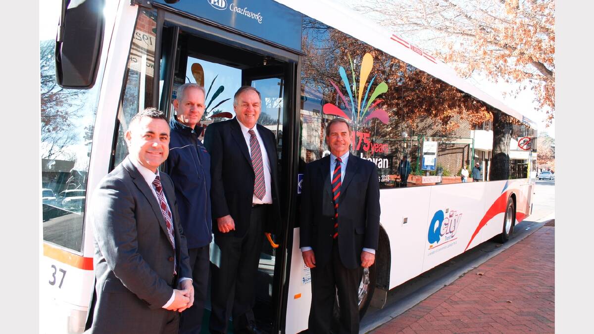 Local member John Barilaro, CDC chief executive Jim Glasson, group manager Steve Bushby and Queanbeyan mayor Tim Overall launched the new-look QCity Transit buses on Wednesday.