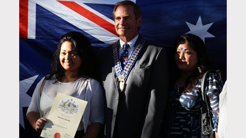 New Australia Citizen Cristel Matthews and Rose Matthews from the Philippines with Mayor Tim Overall.