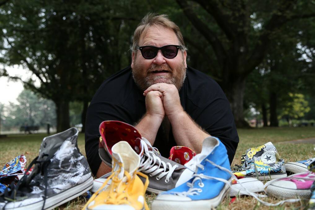 Queanbeyan man Jason McDonald has chosen to participate in the Relay for Life on his own. The avid shoe collector will change in different pairs of Converse Chuck Taylor sneakers throughout the 24 relay. Photo: Kim Pham.