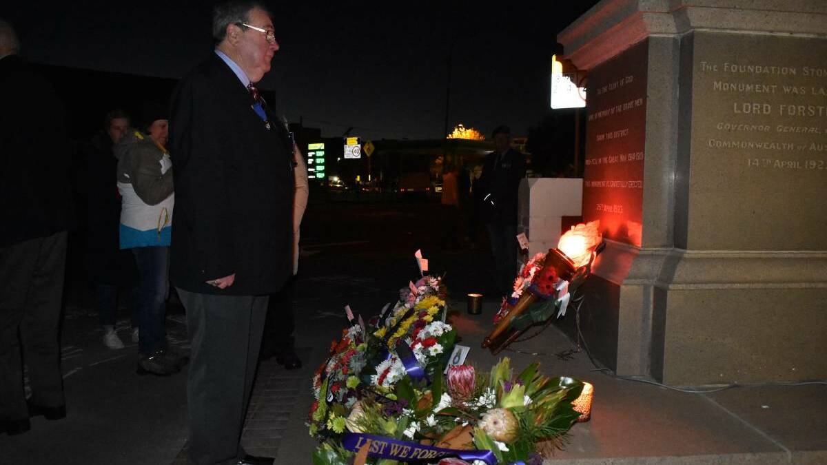 Matt Helm, president of the Queanbeyan RSL sub-branch pays his tribute during the 2021 dawn service. Pic: Neha Attre
