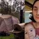 Sushannah Taylor and her six-month-old daughter Luna (right) and a tent their family of four lived in a person's backyard in Bundaberg (left).