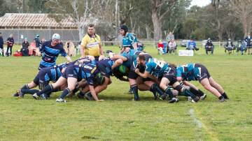 DOWN TO THE WIRE: The Dogs and Bushrangers mid-scrum in last weekend's match. Picture: Crookwell Dogs Rugby Union