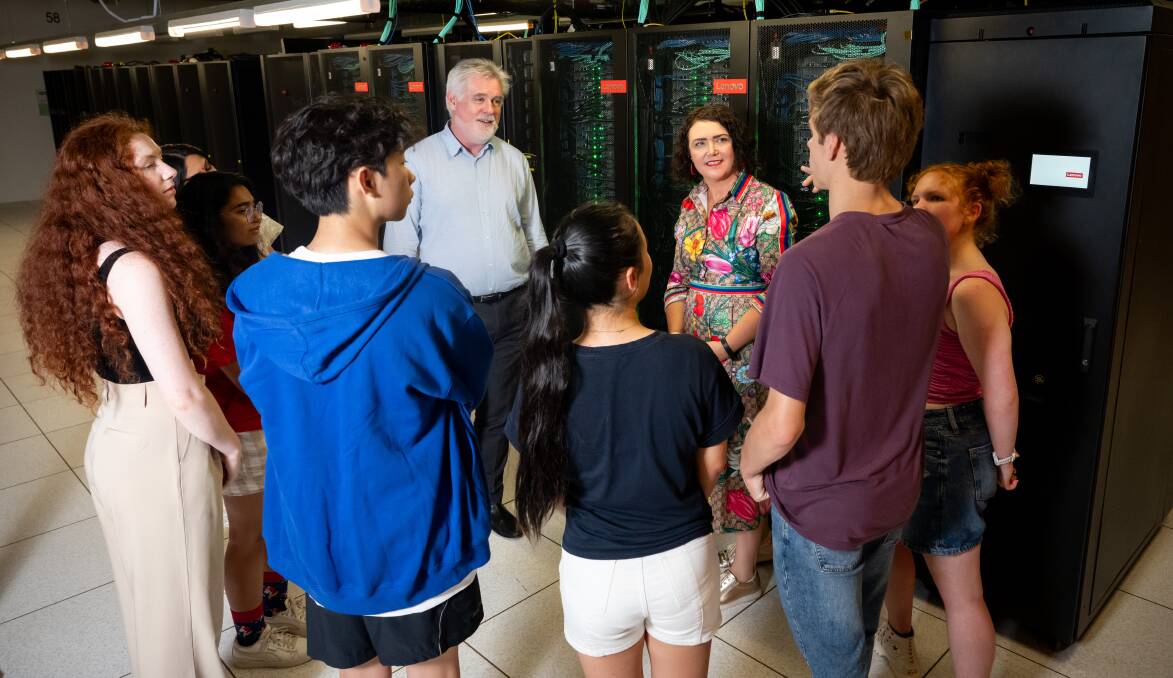 Year 12 students get a tour of the super computer at the NCI (National Computational Infrastructure) at ANU with director Professor Sean Smith and CEO of National Youth Conference Dr Melanie Bagg. Picture by Elesa Kurtz
