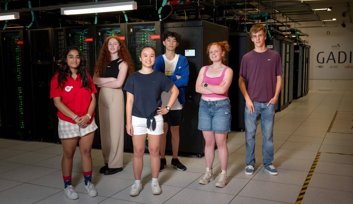 Students at the National Youth Science Forum (NYSF) Radhi Patel, Emily Farrah, Sarah Bui, Haydan Hyunh, Lucy Saul, and Jacob Lourens, get a tour of the super computer at the NCI (National Computational Infrastructure) in the ANU. Picture by Elesa Kurtz