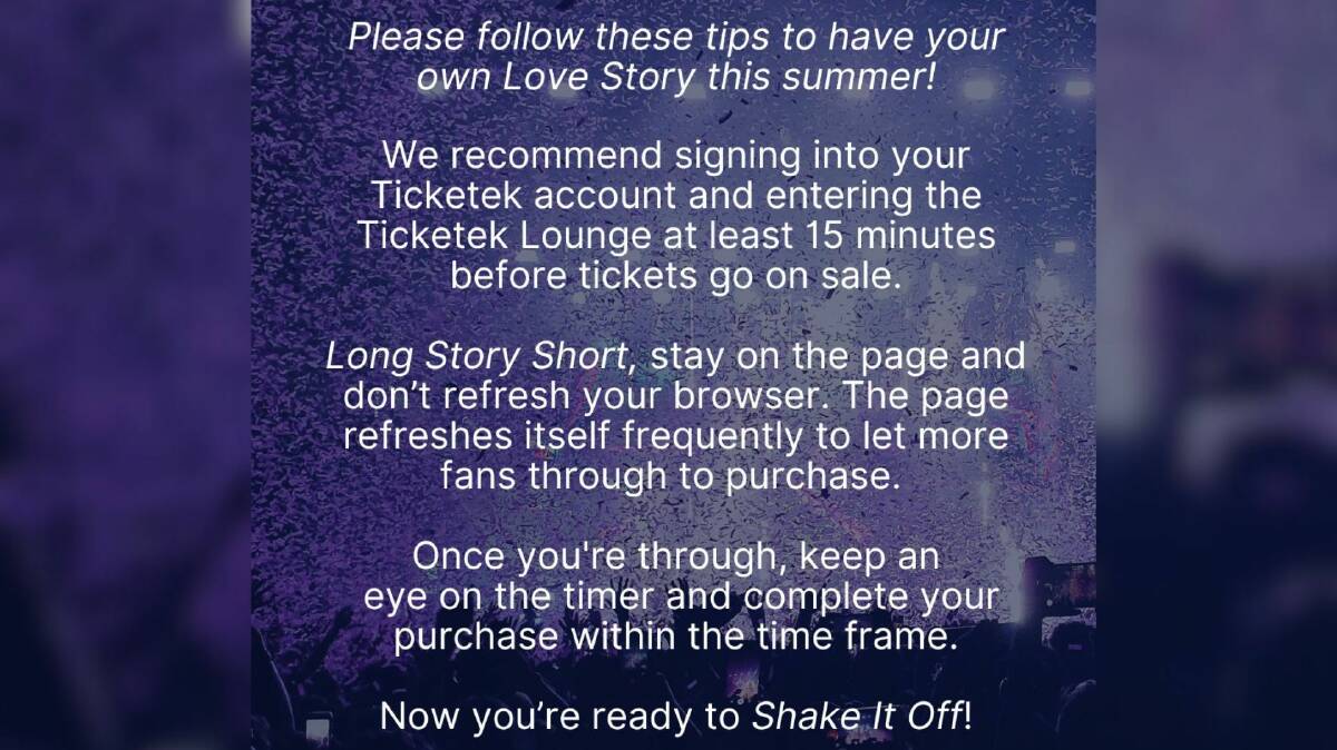 Ticketek advice to Taylor Swift fans. Picture supplied