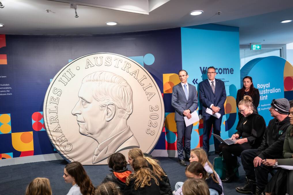 Andrew Leigh and Royal Australian Mint CEO Leigh Gordon announced the release of the new effigy of King Charles III that will appear on Australian coins. Picture by Karleen Minney