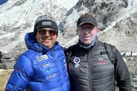 Rob Flanagan with Sydney Roosters coach Trent Robinson after reaching Everest Base Camp. Picture supplied