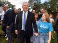 Prime Minister Scott Morrison with wife Jenny, and daughters Lily and Abbey arrive to vote at the Lilli Pilli Public School on election day. Picture: AAP