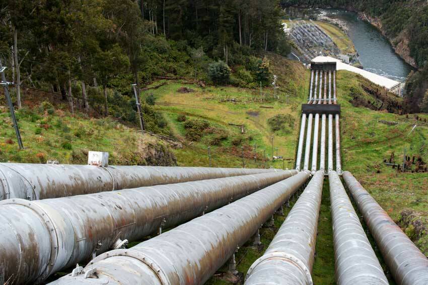 Lower reservoir and pipes in a pumped hydro system. Credit: Renelo / E+ / Getty Images.