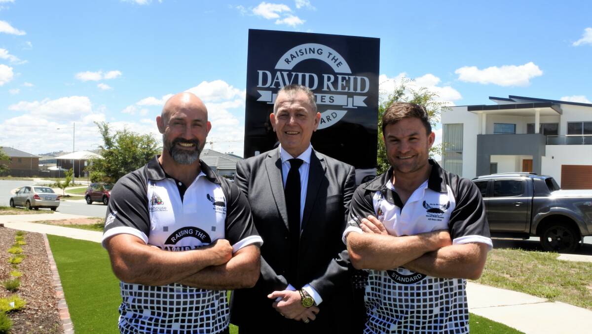 Jason Croker, Ken Beissel and Simon Woolford at the launch of the 'Pie in the Sky' rugby league charity match to be held in Queanbeyan next year. Photo: Elliot Williams