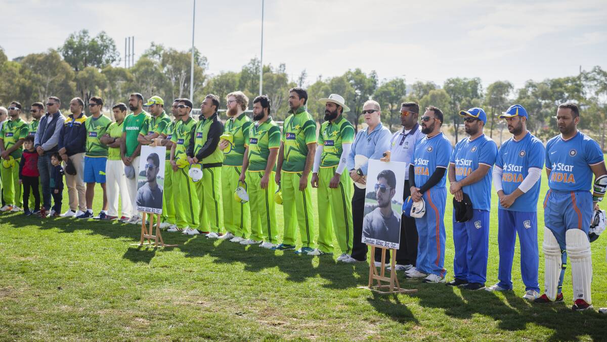 The two teams representing Pakistan and India line up before playing for the Zeeshan Akbar Trophy. Photo: Olia Balabina