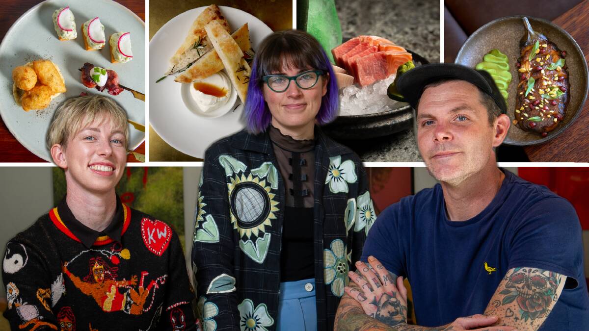 The team at Such and Such in Canberra, owner Dash Rumble, sommelier and manager Caitlin Baker and executive chef Malcolm Hanslow and, above, some of the dishes at other Canberra restaurants recognised in the guide. Pictures by Elesa Kurtz, ACM