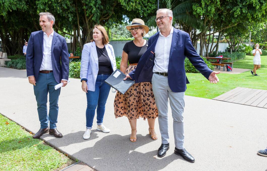 Shadow Treasurer Jim Chalmers, Queensland senator Nita Green, candidate for Leichhardt Elida Faith, and Labor leader Anthony Albanese in Cairns on Saturday. Picture: Sitthixay Ditthavong