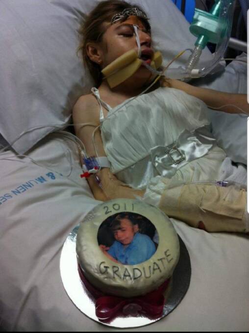 Bree on life support in hospital was when she was 18, on the day of her Year 12 formal. Di dressed her up in her gown and her school brought her a cake to celebrate. 