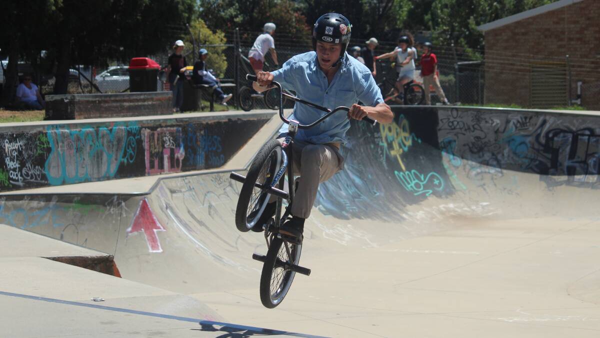 Mid-air: The scootering and BMX competitions took place on Sunday in Goulburn, and there was ample talent on display among the young competitors. Photo: Zac Lowe.