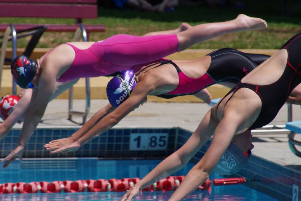 Dive: Hannah Wehbe takes off from the blocks with beautiful form at the beginning of a race, which took place at Goulburn Aquatic Centre. Photo: Darryl Fernance. 