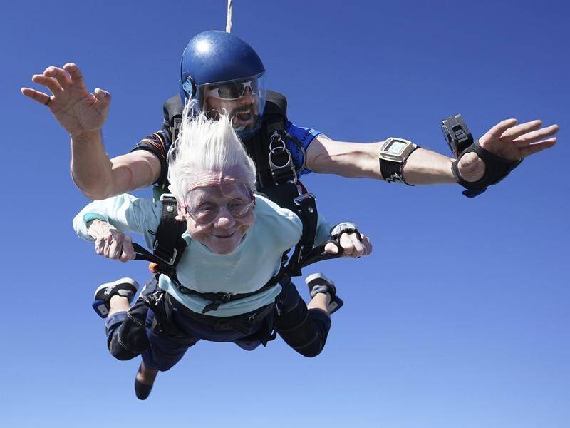 Dorothy Hoffner, 104, had tandem skydived from 4100m 11 days ago, a possible world record. (AP PHOTO)