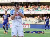 Napoli's new signing Khvicha Kvaratskhelia celebrates scoring against Verona. (EPA PHOTO)